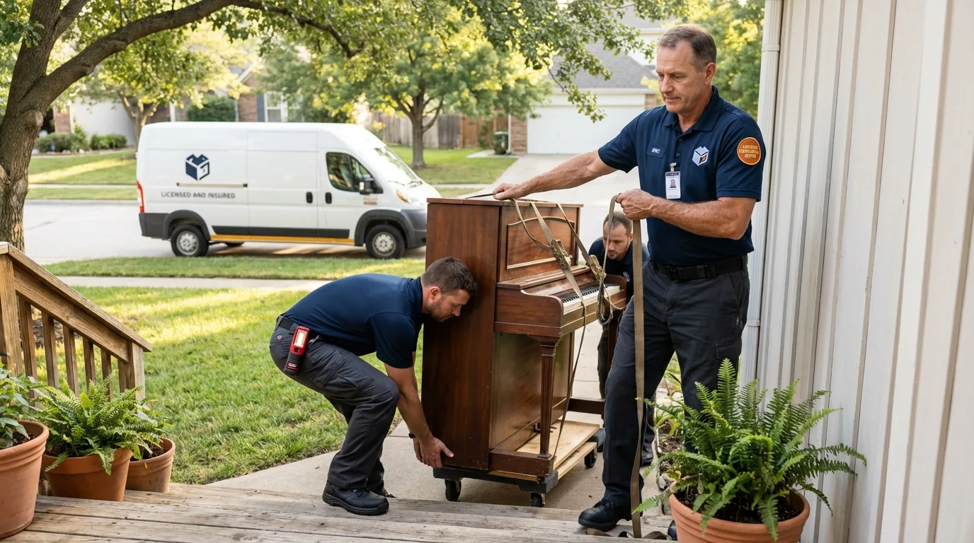 Licensed piano movers securing grand piano in Rochester, WI