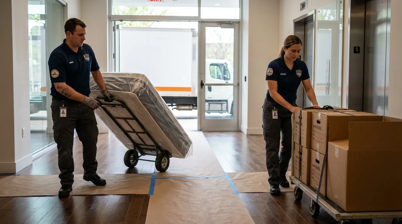 Professional apartment movers loading elevator in Rochester, WI